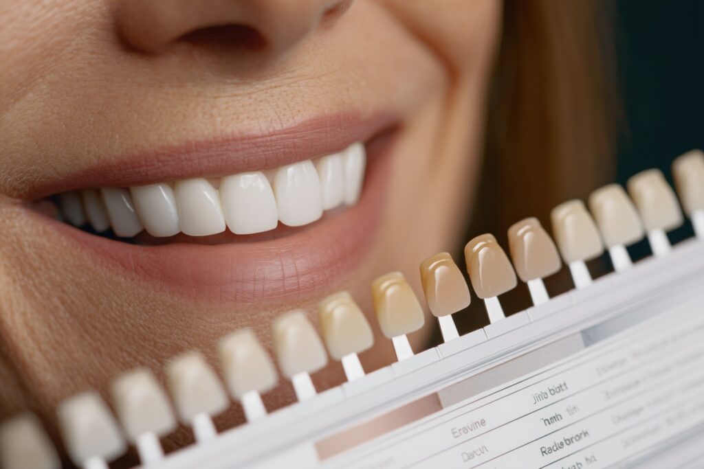 Close-up of a woman's teeth with color swatches for dental shade matching