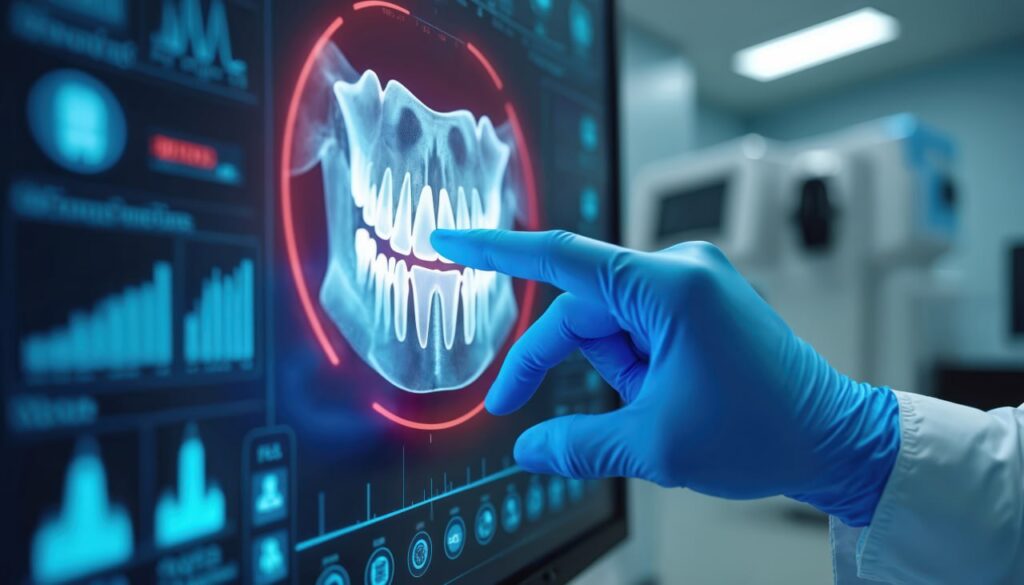 Dentist uses AI tech on digital screen, showing teeth x-ray.
