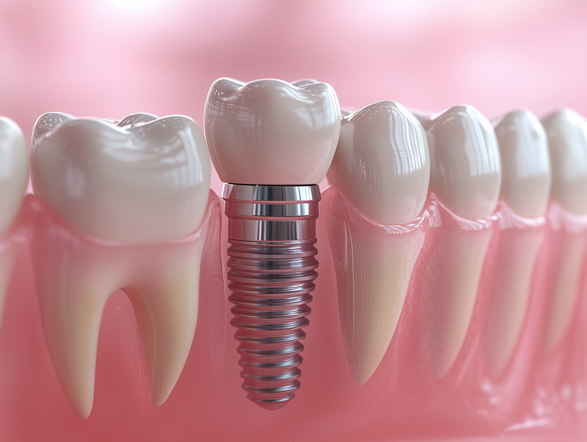 detailed 3D illustration of dental implant and crown, showcasing implant metallic structure alongside healthy teeth. This highlights dental restoration and oral health