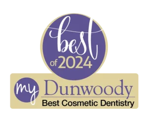 A badge reading "Best of 2024, my Dunwoody, Best Cosmetic Dentistry" in purple and gold colors.