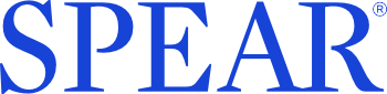 The image shows the word "SPEAR" in large, blue, uppercase serif letters with a registered trademark symbol.