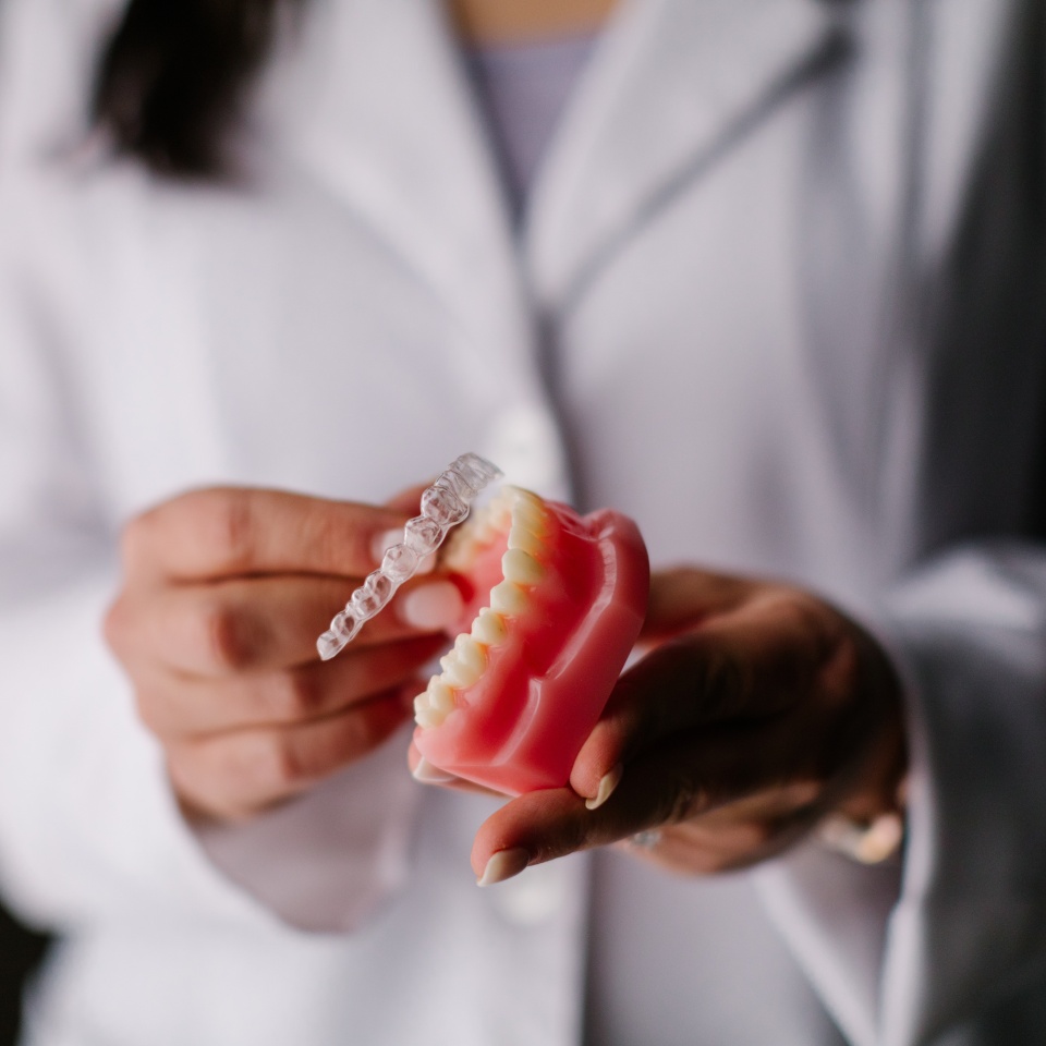 A person in a lab coat holds a dental model and fits a clear aligner onto the teeth.
