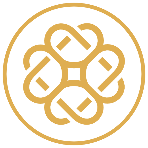 A symmetrical gold geometric pattern with interlocking loops inside a gold circle on a light background.
