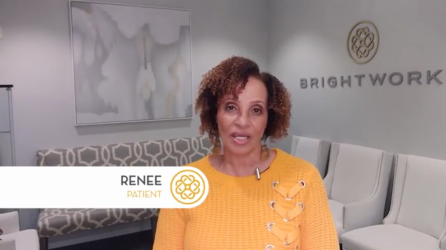 A woman wearing a yellow sweater sits in a modern waiting room with “Brightwork” on the wall; a text overlay reads “Renee, Patient.”.