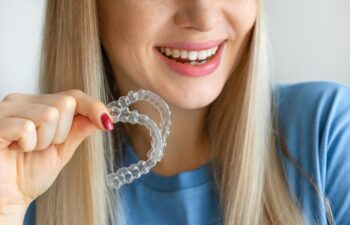 Cropped photo of young beautiful woman smiling with hand holding dental aligner retainer (invisible) on white background of dental clinic for beautiful teeth treatment course concept